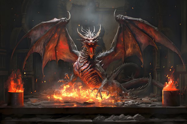 Fire breathing dragon with big open wings, claws and fangs, AI Generated, AI generated