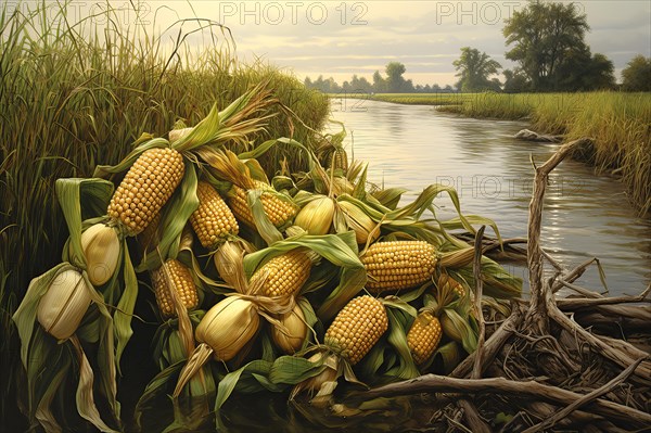 Devastated corn field after a flood, AI Generated, AI generated