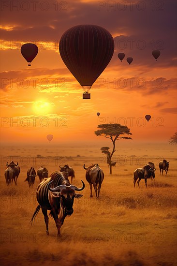 Colorful hot air balloons flying over a group of wildebeest in the African savannah, AI Generated, AI generated