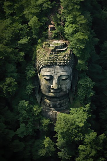 Aerial view of a Giant Buddha head surrounded by an Asian tropical forest, AI Generated, AI generated