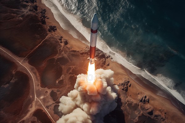 Aerial view of a rocket launch at sunrise sunset over an ocean coast. The rocket is blasting off with a trail of smoke and flames behind it, AI generated