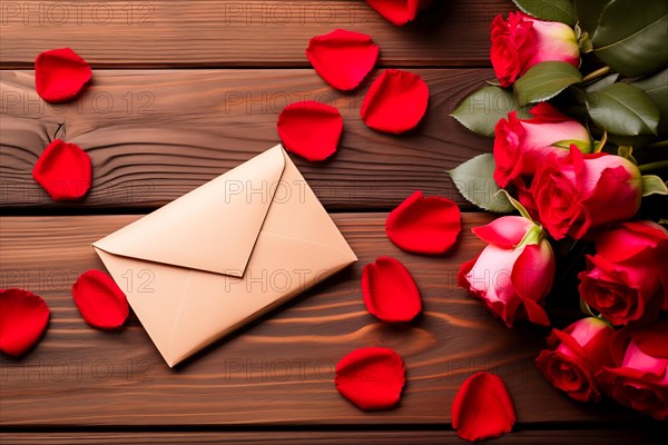 Vibrant red roses, a romantic valentine love letter in an elegant envelope, and scattered rose petals on a dark wooden table. Love and affection on Valentine's Day, AI generated