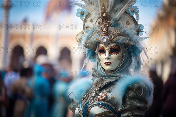 A person adorned in an elaborate and elegant costume, capturing the essence of the Venice Carnival amidst a scenic backdrop, AI generated