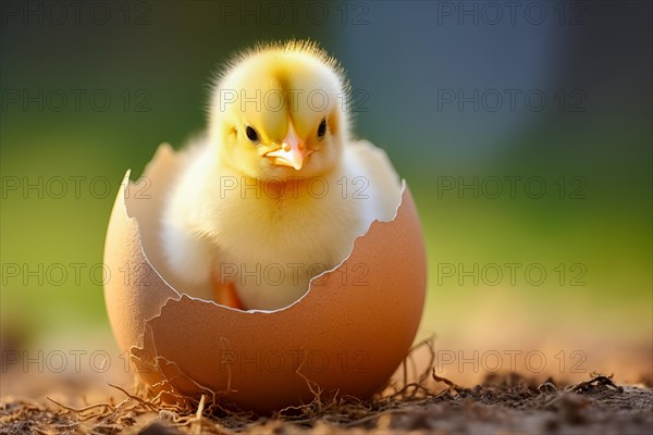 A close-up image capturing the moment a fluffy yellow chick emerges from its egg, showcasing the beauty of new life, AI generated