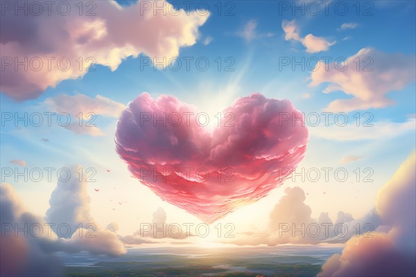Painting of a heart-shaped cloud illuminated by the warm hues of sunset, floating above a serene sea of clouds. For love, romance, tenderness and Valentine day design, AI generated