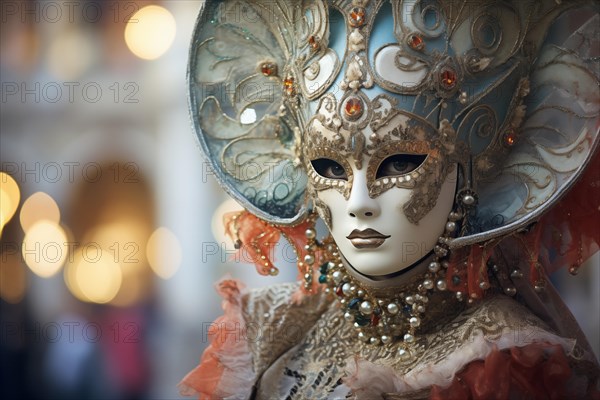 A person adorned in a richly detailed and colorful carnival costume, complete with an elaborate mask, participates in the iconic Venice Carnival, AI generated