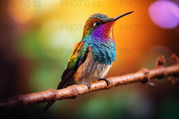 Stunning close-up captures the radiant colors and intricate details of a hummingbird, showcasing its vibrant feathers against a soft defocused background, AI generated