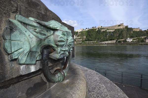 Coblenz fortress and fountain sculpture at the William I monument, Coblenz, Rhineland Palatinate, Germany, Europe