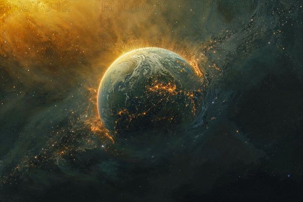 A representation of the earth in space, strongly heated, burning due to extreme radiation from the dying sun, dramatic atmosphere, AI generated, AI generated
