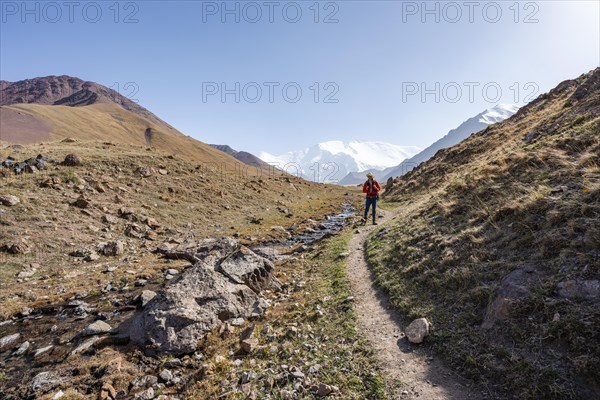 Mountaineer in the Achik Tash valley, behind glaciated and snow-covered mountain peak Pik Lenin, Trans Alay Mountains, Pamir Mountains, Osh Province, Kyrgyzstan, Asia