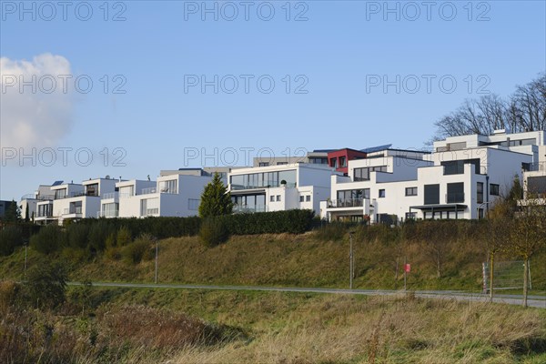 Housing estate with newly built detached houses on Lake Phoenix, Hoerde, Dortmund, Ruhr area, Westphalia, North Rhine-Westphalia, Germany, Europe