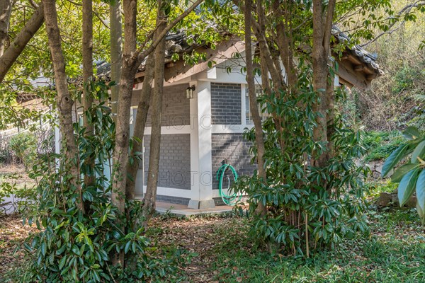 Exterior of public restroom behind copse of trees in nature park