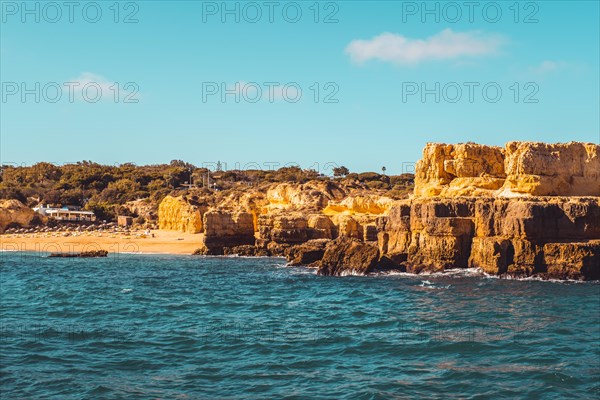 Beautiful limestone Algarve coast with caves and rock formation, Albufeira, south of Portugal