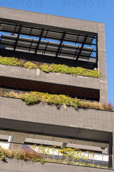 Facade of a modern building with balconies and plants in the Poblenou district in Barcelona in Spain