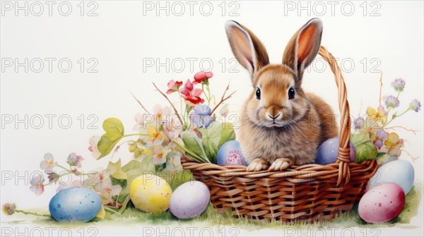 A brown rabbit sitting in a wicker basket with colorful Easter eggs and flowers AI generated