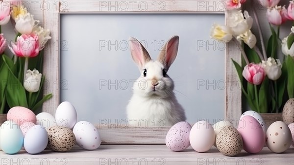 Easter bunny and Easter eggs on wooden background with spring flowers. Bunny near empty white frame AI generated