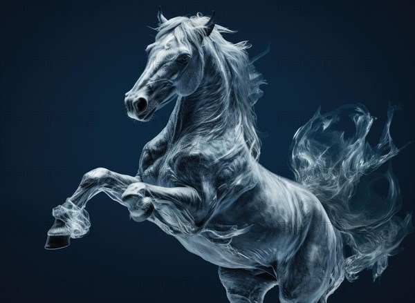 Ice sculpture of horse in dynamic pose. Beautiful horse ice figure AI generated