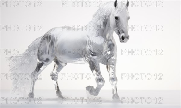 White horse with flying hair and splashes of water on white background. Frozen water splashes on background. Horse in dynamic pose AI generated