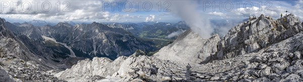 Panorama, view of mountain panorama with Wimbachgries valley and mountain panorama with rocky mountain peak of the Hochkalter, at the summit of the Watzmann Mittelspitze, Berchtesgaden National Park, Berchtesgaden Alps, Bavaria, Germany, Europe