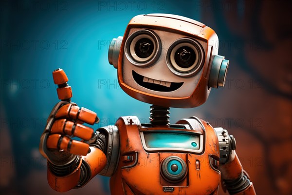 Orange robot showing a thumbs up gesture. The friendly robot has big round eyes and a friendly smile. Concept of artificial intelligence technology approval agreement, success, friendliness, AI generated