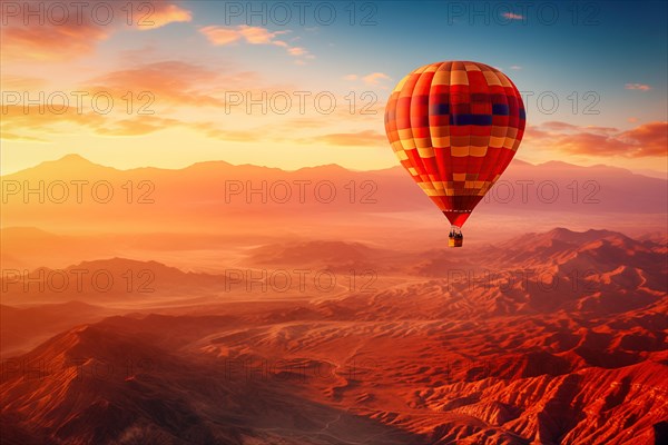 A colorful hot air balloon floats in sky over a desert mountain landscape at sunset with orange and blue skies in the background. Travel journey adventure beauty of nature concept, AI generated