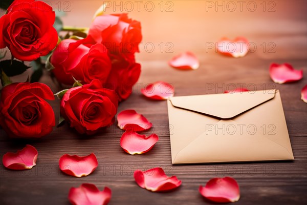 Vibrant red roses, a romantic valentine love letter in an elegant envelope, and scattered rose petals on a dark wooden table. Love and affection on Valentine's Day, AI generated