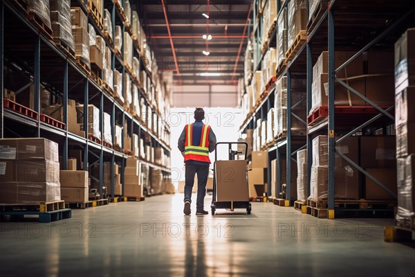 A worker in a reflective vest operates a forklift in a well-lit warehouse, navigating through aisles stacked with packaged goods. Efficiency and organization of a modern distribution center, AI generated