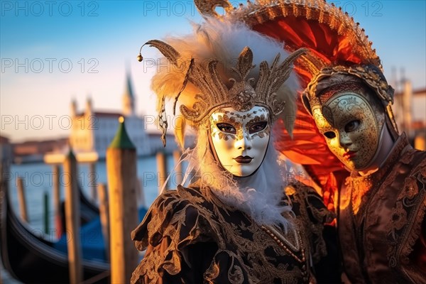 Persons adorned in a richly detailed and colorful carnival costume, complete with an elaborate mask, participates in the iconic Venice Carnival, AI generated