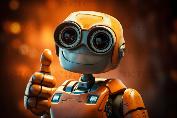 Orange robot showing a thumbs up gesture. The friendly robot has big round eyes and a friendly smile. Concept of artificial intelligence technology approval agreement, success, friendliness, AI generated