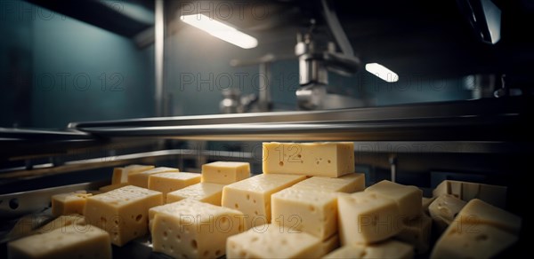 Cheese production at a dairy products factory, conveyor line with cheese, AI generated