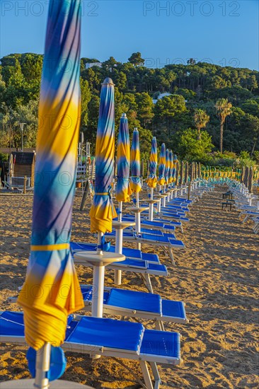 Sun loungers and parasols on Straccolignino beach at sunrise, near Capoliveri, Elba, Tuscan Archipelago, Tuscany, Italy, Europe