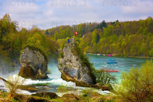 Rhine Falls and Swiss Flag at Neuhausen in Schaffhausen, Switzerland, Europe