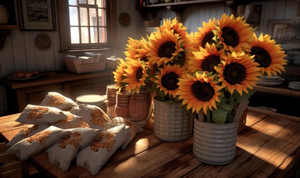 A bunch of sunflowers in a rustic vase next to bread loaves on a kitchen counter AI generated