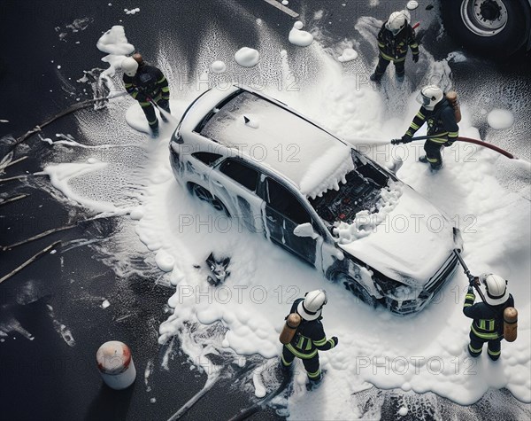 A firefighter in full gear uses a hose with chemical white foam to extinguish flames engulfing hybrid electric petrol vehicle car amidst a urban landscape, with emergency response evident, ai generated, AI generated