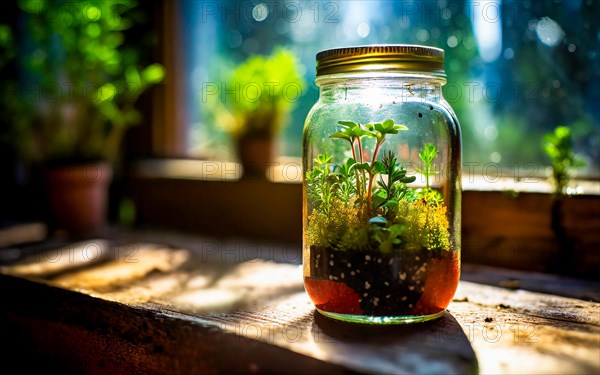 Bottle garden, mini biotope, eco system in a jar on a windowsill in a city flat, AI generated, room, windowsill, plants, screw-top jar, horticulture, herbs, green, sunlight