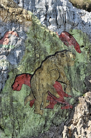 Detail, Mural de la Prehistoria, prehistoric wall, painted in 1961 by Mexican artist Leovigildo Gonzalez Morillo, size 120x180 metres, Vinales, Unesco World Heritage Site, Pinar del Rio Province, Cuba, Greater Antilles, Caribbean, Central America