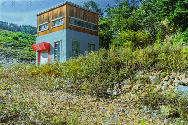 Square house with red awning over garage door in wooded area surrounded by green trees and flowers