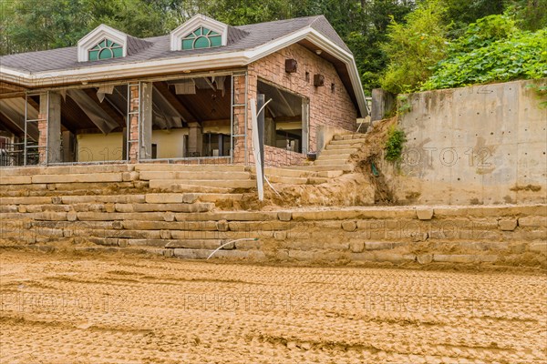 Large building at construction site of restoration project