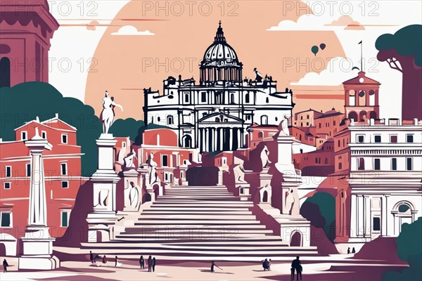 A vibrant painting capturing a bustling italian Rome cityscape, showcasing Spain square and numerous buildings in an urban landscape ai generated, AI generated