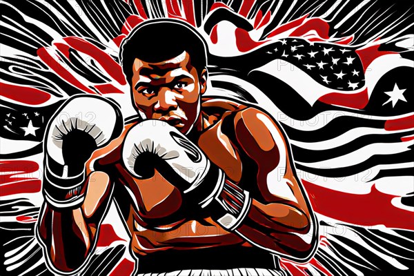 A dynamic vector art style image of a boxer with an American flag motif in the background, AI generated