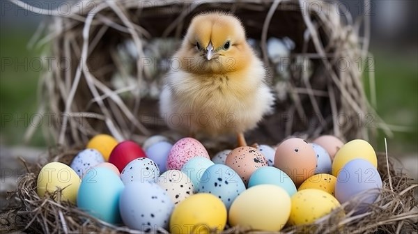 A chick stands amid colored Easter eggs in a nest, symbolizing new life and springtime traditions AI generated