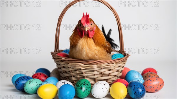 A chicken sits in a basket surrounded by colorful Easter eggs in a whimsical studio-style celebration setup AI generated