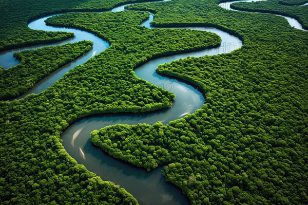 Aerial view of a meandering river in a tropical rainforest, Brazil, AI Generated, AI generated, South America