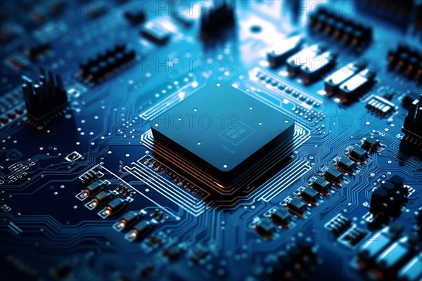 Close-up image of a blue circuit board with a central microchip processor CPU with various electronic components and connections. Technology, computer hardware, and manufacturing industries, AI generated