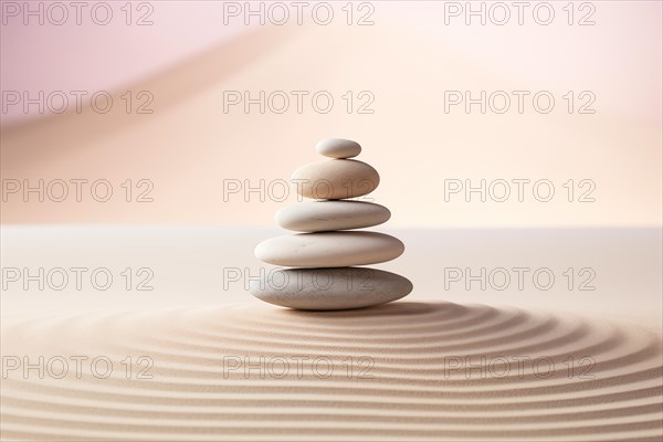 Zen stones stack on raked sand in a minimalist setting for balance and harmony. Balance, harmony, and peace of mind, wellness, meditation, and spirituality concept, AI generated