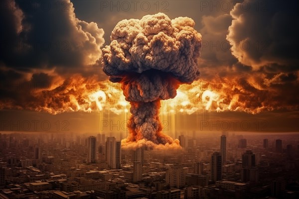 Nuclear blast and mushroom cloud in a city skyline. The explosion is destroying buildings and causing chaos and destruction. Apocalyptic mood. Devastation of war or the aftermath of a disaster, AI generated