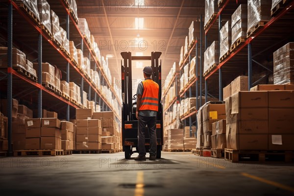 A worker in a reflective vest operates a forklift in a well-lit warehouse, navigating through aisles stacked with packaged goods. Efficiency and organization of a modern distribution center, AI generated