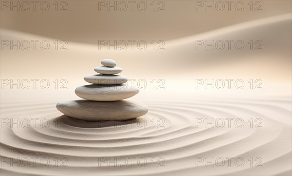 Zen stones stack on raked sand in a minimalist setting for balance and harmony. Balance, harmony, and peace of mind, wellness, meditation, and spirituality concept, AI generated