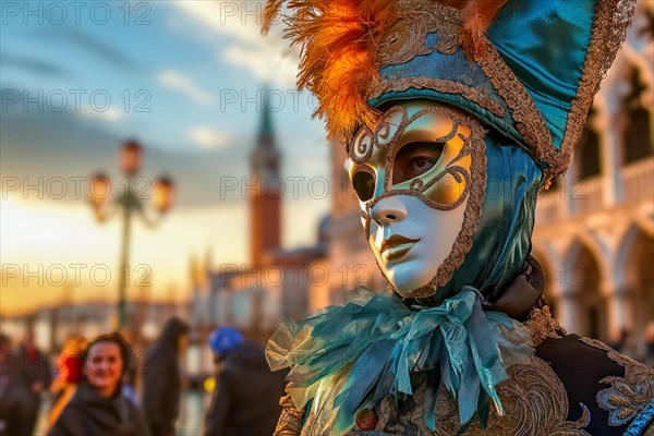 A person adorned in a richly detailed and colorful carnival costume, complete with an elaborate mask, participates in the iconic Venice Carnival, AI generated