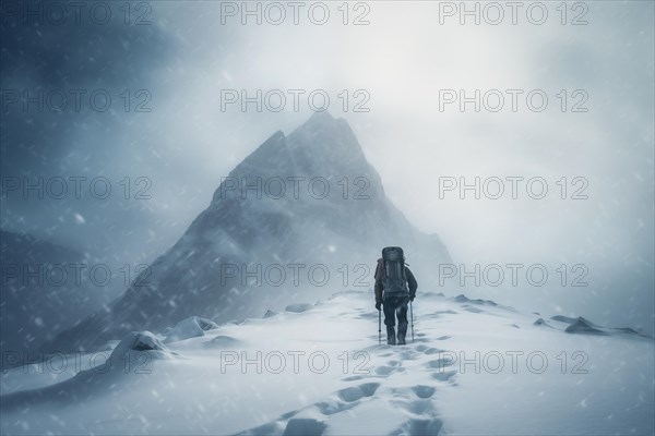 A mountaineer in mountains approaching a majestic snowy mountain peak amidst a snowfall and snow storm. Solitude and determination, adventure and challenge of climbing in extreme conditions, AI generated